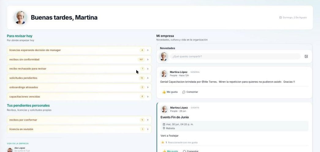 Panel de inicio de Pulso con las tareas pendientes de RRHH del día