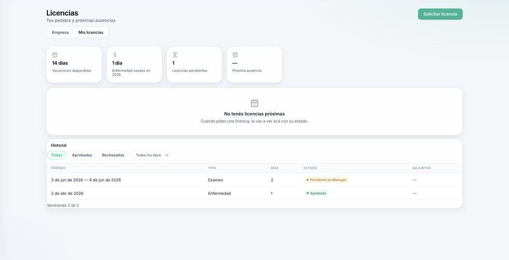 Vista de licencias del empleado en Pulso, con los días disponibles y el historial de pedidos
